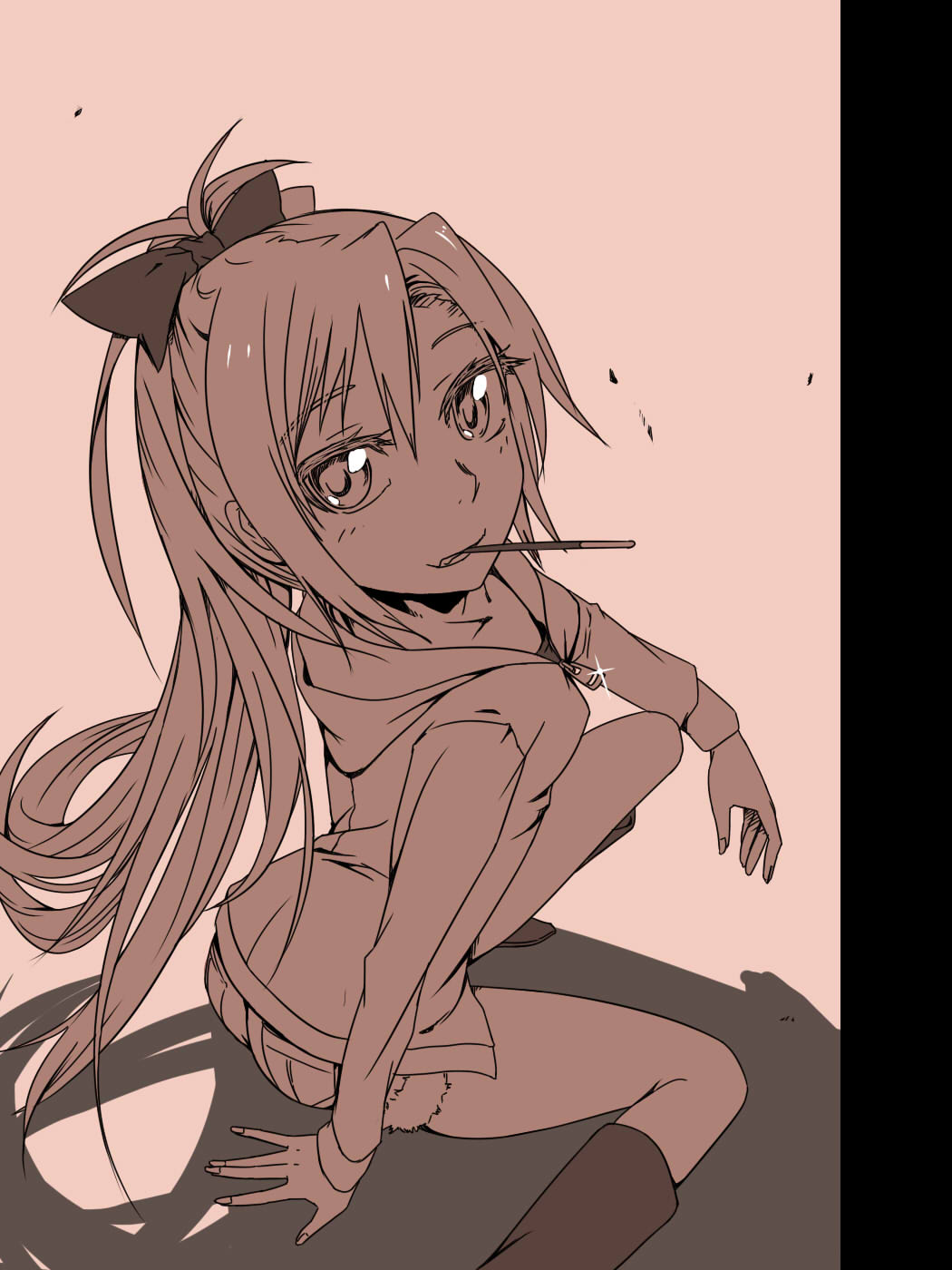 bad_id, eating, highres, long_hair, looking_at_viewer, looking_back, mahou_shoujo_madoka_magica, monochrome
