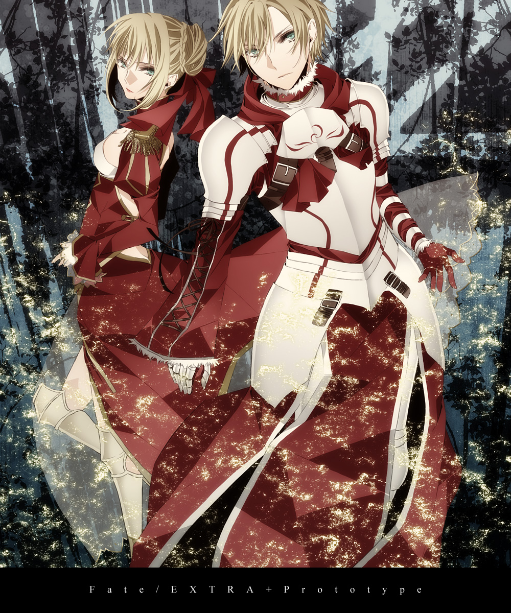 1girl, adapted_costume, ahoge, alternate_color, alternate_colors, armor, armored_dress, blonde_hair, dress, earrings, epaulettes, fate/extra, fate/prototype, fate_(series), gauntlets, green_eyes, hair_ribbon, highres, jewelry, rasshel, ribbon, saber_(fate/prototype), saber_extra