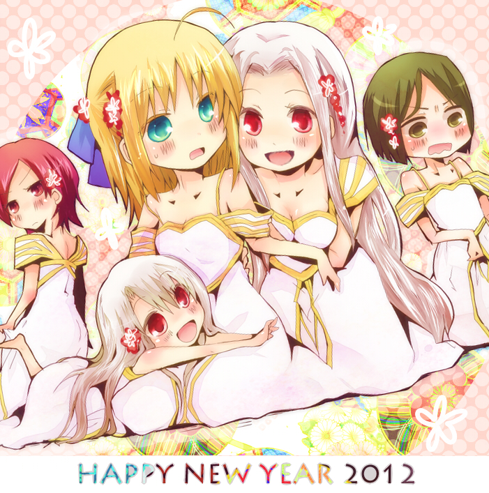 2012, 4girls, ahoge, blonde_hair, blue_eyes, blush, cosplay, dress