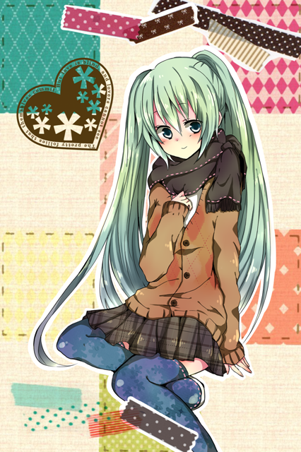 aqua_eyes, aqua_hair, green_eyes, green_hair, hand_on_own_chest, hatsune_miku, karasu_(crow1221), long_hair, scarf, sitting, skirt, smile, solo, thigh-highs, thighhighs, twintails, very_long_hair, vocaloid