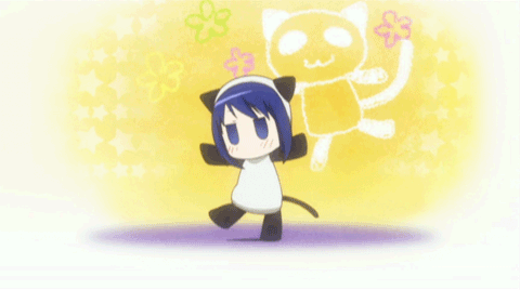 animated, animated_gif, blue_eyes, blue_hair, chibi, cosplay, cute, dancing, flat_gaze, gif, hanamaru_youchien, hiiragi_(hanamaru_youchien), lowres, panda_neko