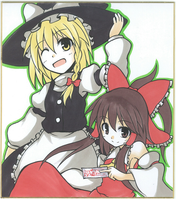 armpits, ascot, blonde_hair, bow, braid, braif, brown_eyes, brown_hair, detached_sleeves, hair_bow, hair_ribbon, hair_tubes, hakurei_reimu, hat, kirisame_marisa, long_hair, miko, mochizuki_ado, multiple_girls, ofuda, open_mouth, ribbon, shikishi, smile, touhou, traditional_media, wink, yell