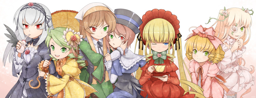 6+girls, 7girls, arm_hug, black_wings, blue_eyes, bonnet, brown_hair, dress, eyepatch, frills, green_eyes, green_hair, hair_bow, hair_ornament, hat, heterochromia, hina_ichigo, kanaria, kirakishou, long_hair, long_sleeves, mtyy, parasol, red_eyes, rozen_maiden, saucer, shinku, short_hair, silver_hair, souseiseki, suigintou, suiseiseki, teacup, umbrella, wings, wink, yakult