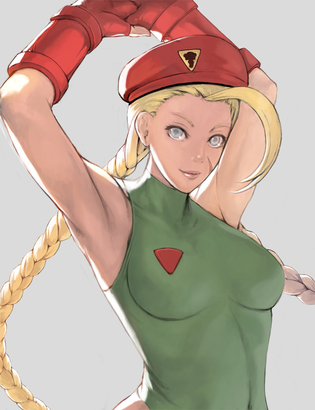 1girl, armpits, arms_up, bad_id, beret, blonde_hair, blue_eyes, braid