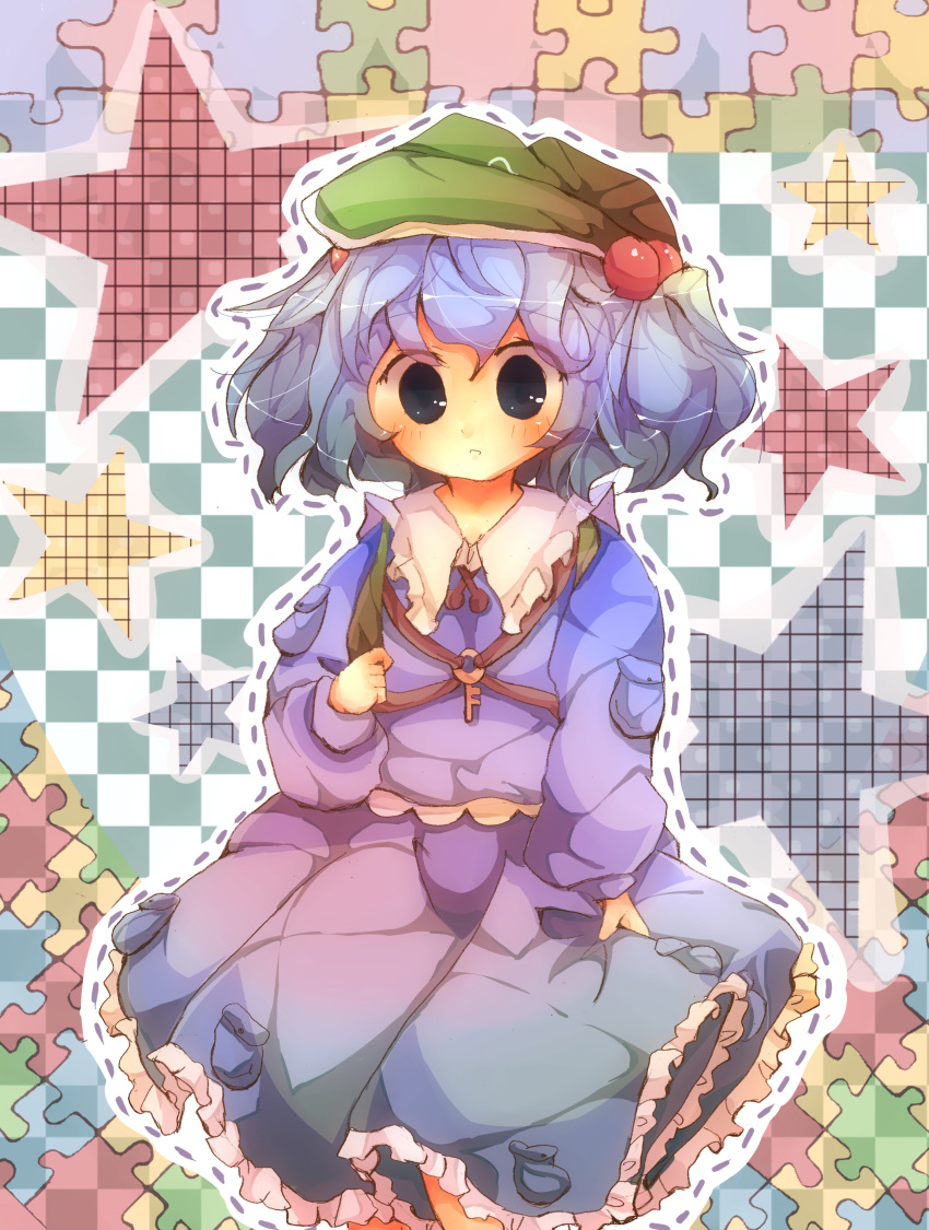 absurdres, arm_up, blue_eyes, blue_hair, blush, dotted_lines, dotted_outline, dress, frilled_dress, frills, hat, highres, holding, jigsaw_puzzle, kawashiro_nitori, key, nanahamu, open_mouth, pocket, short_hair, short_twintails, solo, star, strap, touhou, twintails