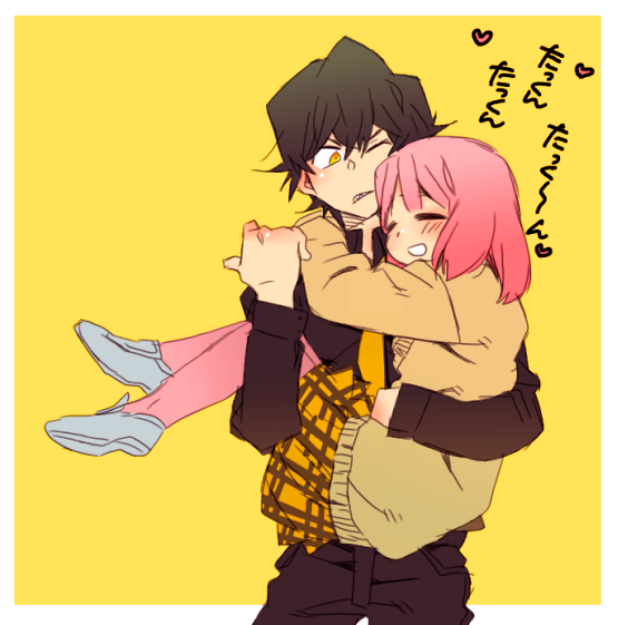 1girl, black_hair, blush, carrying, couple, dknj, happy, hug, hyakko, nara_takaya, pantyhose, pink_hair, princess_carry, school_uniform, smile, terada_hinae, yellow_eyes