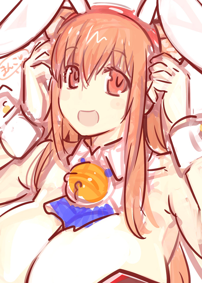 animal_ears, asobi_ni_iku_yo!, bad_id, bell, bell_collar, breasts, bunny_ears, bunnysuit, cleavage, collar, eris_(asobi_ni_iku_yo!), heart, kaqo, large_breasts, open_mouth, red_eyes, solo, spoken_heart, translated