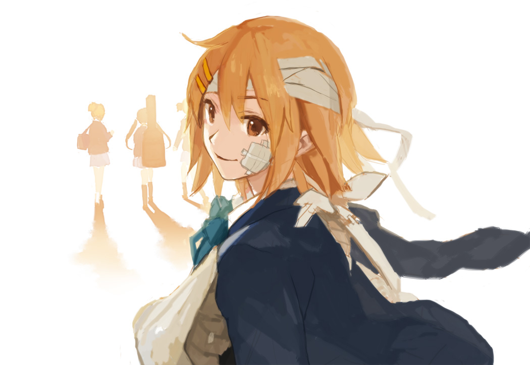 ankle_socks, bag, bandage, bandages, black_hair, black_legwear, brown_eyes, brown_hair, guitar_case, hair_ornament, hairclip, hirasawa_ui, hirasawa_yui, injury, instrument_case, k-on!, kneehighs, looking_at_viewer, multiple_girls, nakano_azusa, open_clothes, open_jacket, ribbon, school_uniform, shadow, short_hair, shoulder_bag, simple_background, skirt, smile, suzuki_jun, tomohi, twintails, walking, white_legwear