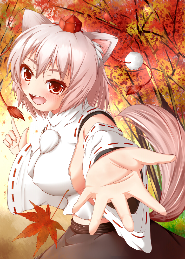 1girl, animal_ears, autumn_leaves, breasts, detached_sleeves, hat, inubashiri_momiji, koza47322