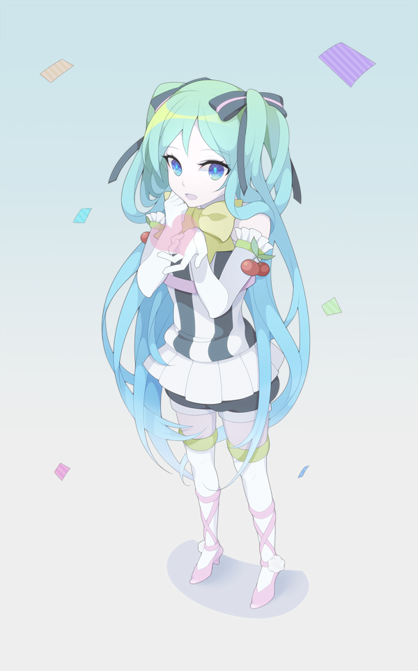 aqua_hair, blue_eyes, elbow_gloves, gloves, hair_ribbon, hatsune_miku, lacco, long_hair, ribbon, skirt, solo, thigh-highs, thighhighs, twintails, very_long_hair, vocaloid