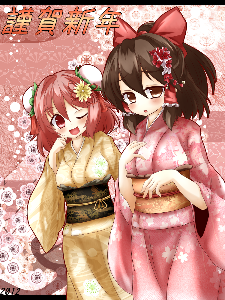 alternate_costume, arm_up, blush, bow, brown_dress, brown_eyes, brown_hair, bun_cover