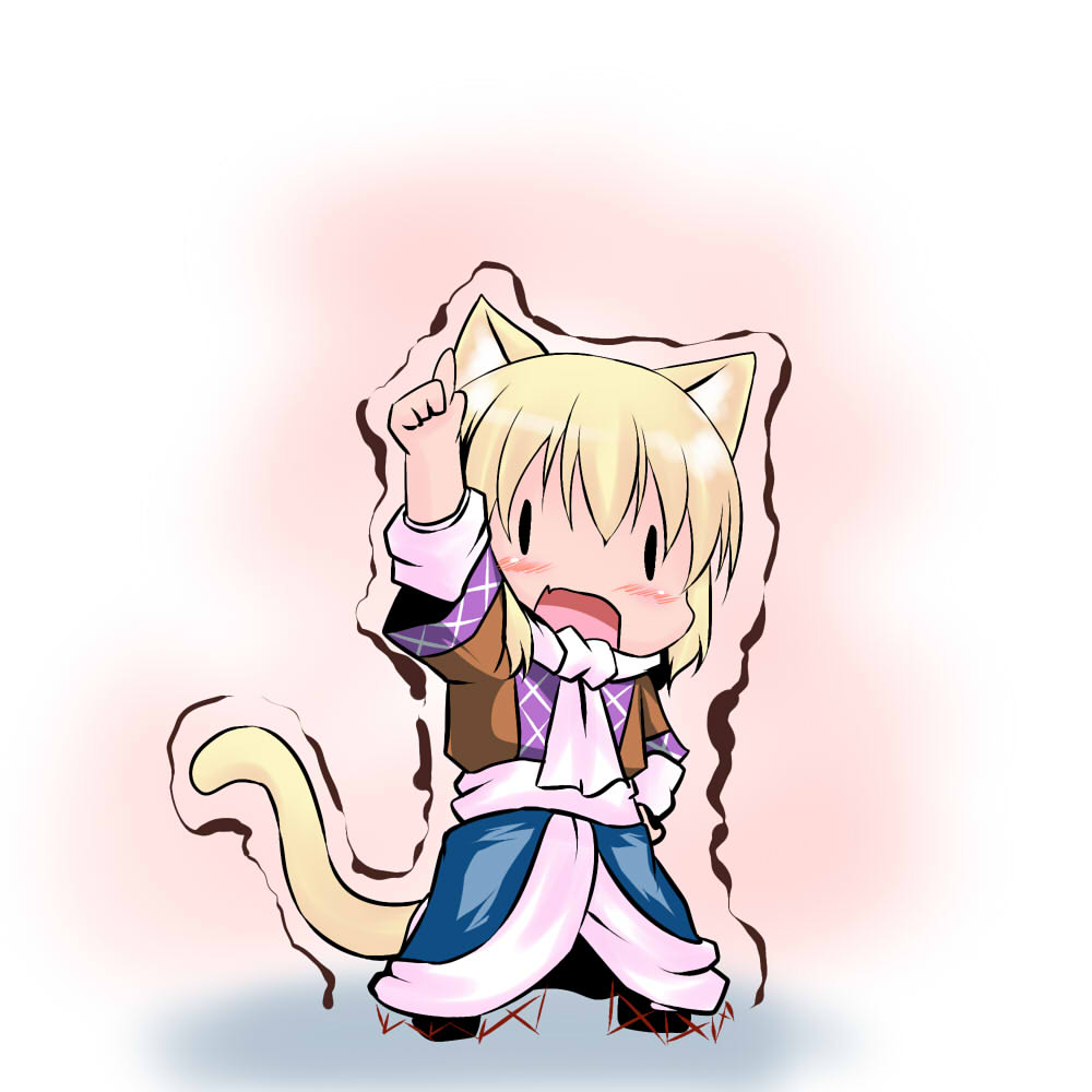 animal_ears, arm_warmers, blonde_hair, blush, cat_ears, cat_tail, chibi, extra_ears