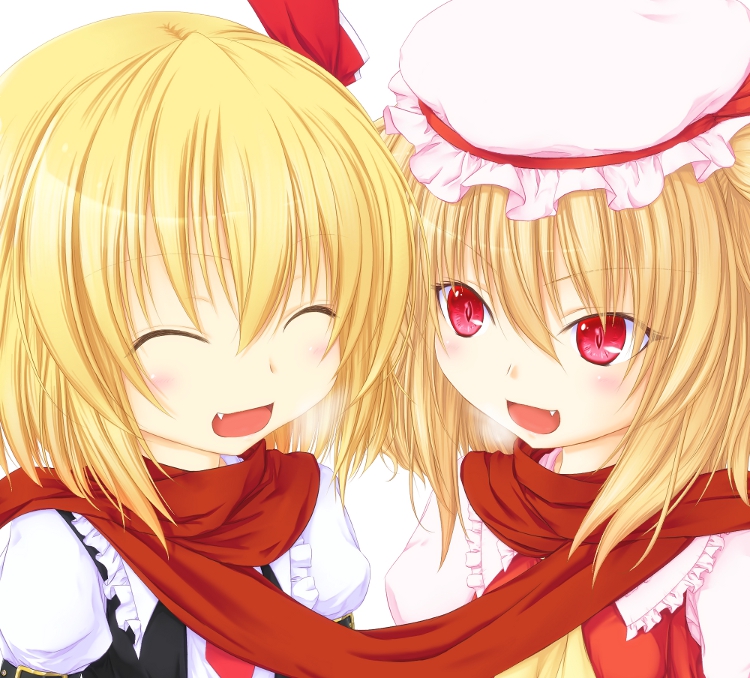 blonde_hair, closed_eyes, eyes_closed, fang, flandre_scarlet, multiple_girls, open_mouth, reg_(artist)