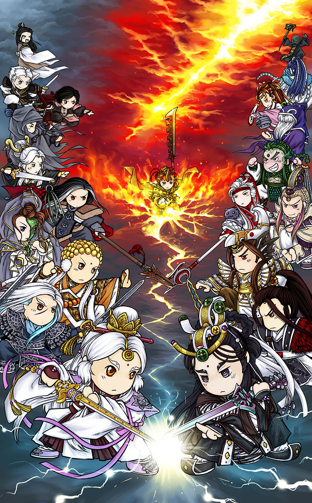 antaria, armor, battle, black_hair, brown_hair, character_request, chibi, chinese_clothes