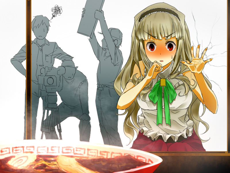against_glass, angry, blush, bowl, broken_glass, cameraman, director, food
