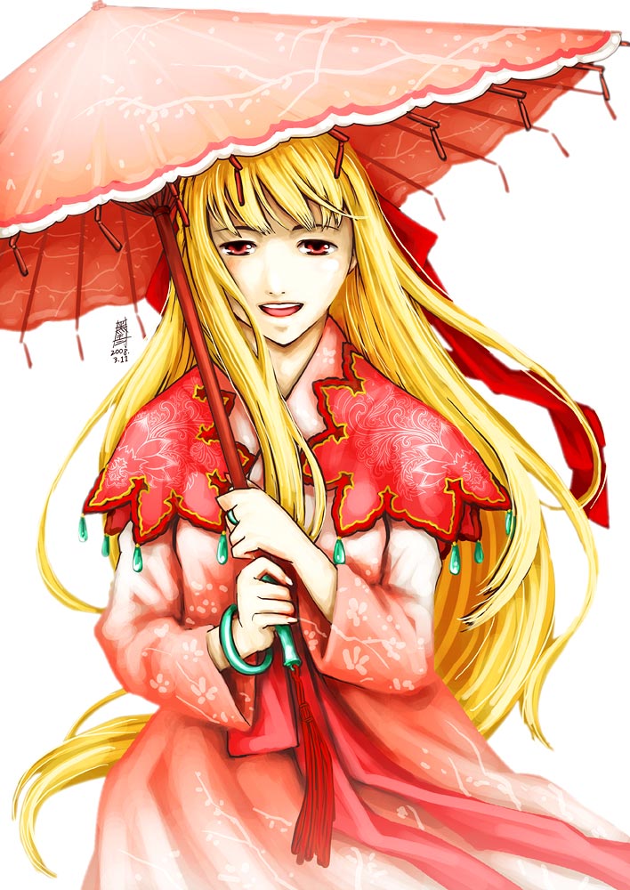 antaria, blonde_hair, kye_wol_hyang, long_hair, looking_at_viewer, open_mouth, oriental_umbrella, red_eyes
