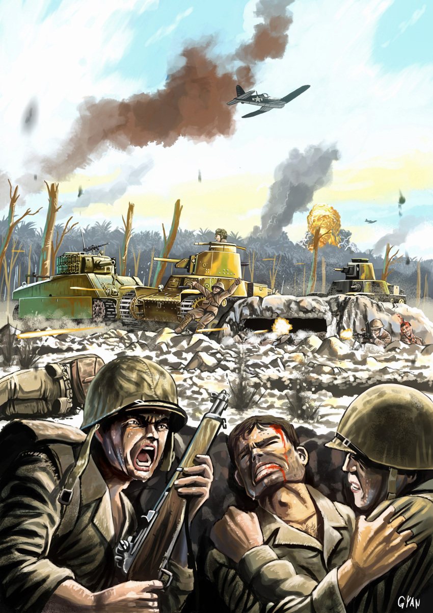 aircraft, airplane, back, battlefield, bleeding, blood, blood_in_mouth, blood_on_face, bottle, bren_lmg, brown_hair, buckle, bunker, caterpillar_tracks, chest_hair, clenched_teeth, closed_eyes, clothes_grab, corpse, death, explosion, f4u_corsair, falling, fire, firing, forest, gun, gyan_(akenosuisei), hand_on_shoulder, headshot, helmet, highres, injury, looking_at_another, lying, m1_garand, m4_sherman, m5_stuart, machine_gun, military, military_uniform, military_vehicle, multiple_boys, nature, on_side, open_mouth, original, pacific_war, pouches, rifle, sherman, signature, sky, smoke, soldiers, star, tank, the_pacific, tree, type_95_ha-go, type_95_ha-gou, type_96, uniform, vehicle, war, weapon, wince, world_war_ii