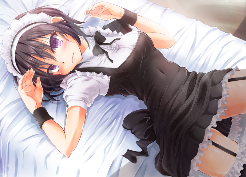 anti_(untea9), bed, black_hair, black_legwear, boku_wa_tomodachi_ga_sukunai, breasts, garter_straps, garters