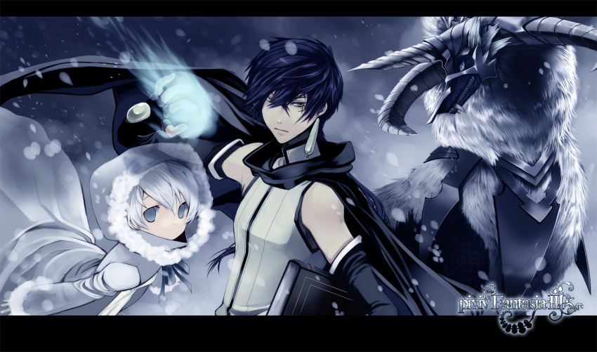 bare_shoulders, black_hair, cape, griffin, highres, hood, kirino_kasumu, pixiv_fantasia