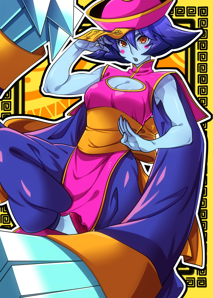 bare_shoulders, blue_hair, blue_skin, blush_stickers, chinese_clothes, cleavage_cutout, hat, jiangshi, lei_lei, ofuda, pants, red_eyes, short_hair, solo, uroko_(265), vampire_(game)