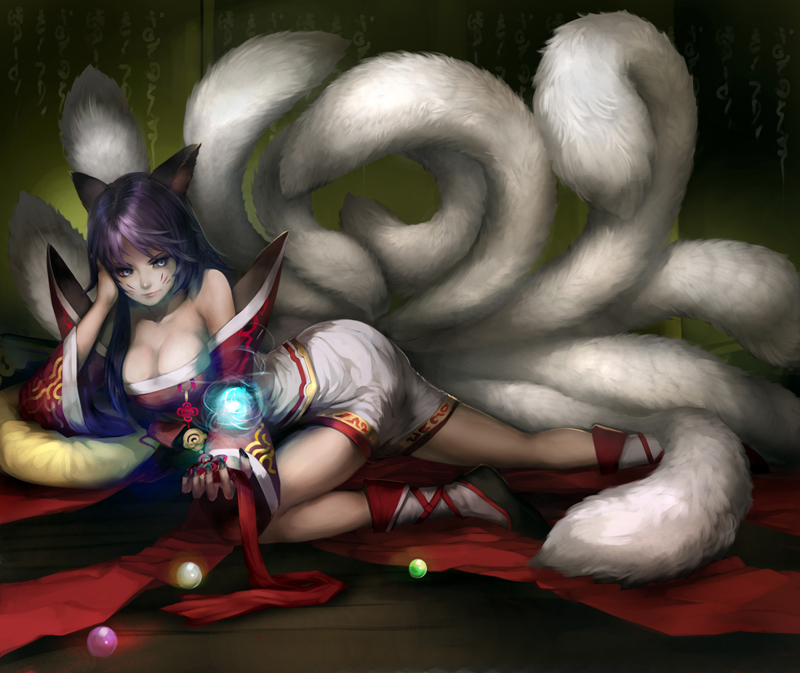 ahri, animal_ears, arm_support, bare_shoulders, blue_eyes, breasts, cleavage, epic