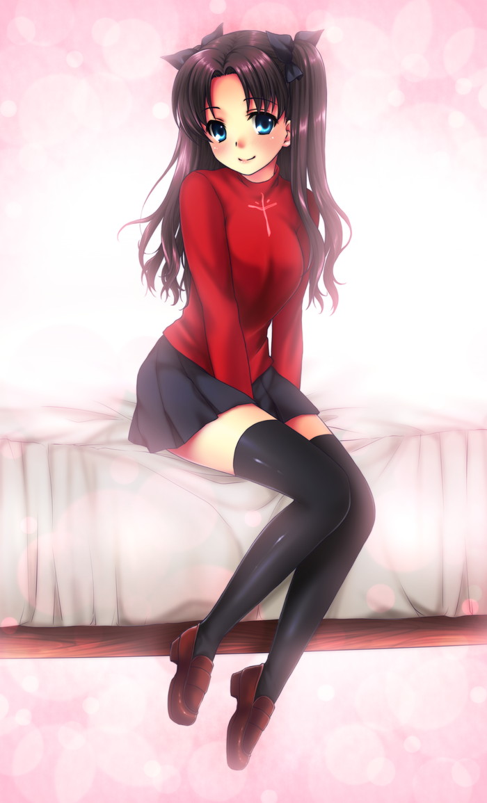 black_legwear, blue_eyes, brown_hair, fate/stay_night, fate_(series), hair_ribbon, long_hair, miniskirt, nfr, pleated_skirt, ribbon, skirt, solo, thigh-highs, thighhighs, tohsaka_rin, toosaka_rin, turtleneck, two_side_up, zettai_ryouiki