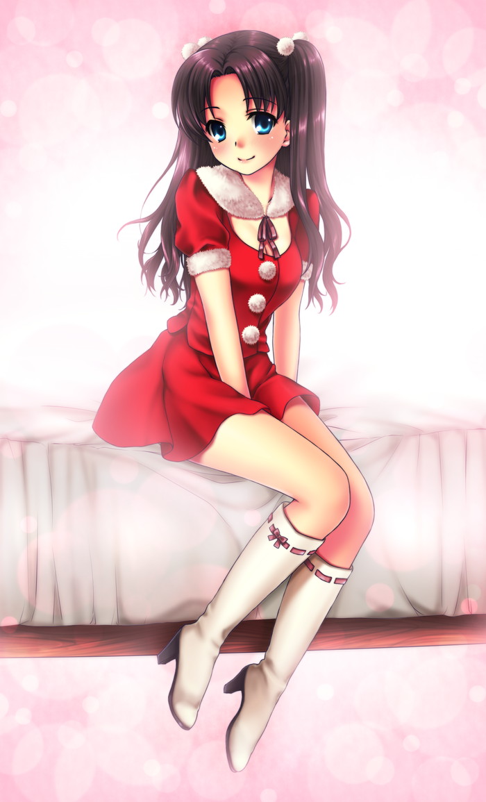 blue_eyes, boots, brown_hair, christmas, dress, fate/stay_night, fate_(series), hair_bobbles, hair_ornament, high_heels, knee_boots, long_hair, minidress, nfr, santa_costume, shoes, smile, solo, tohsaka_rin, toosaka_rin, two_side_up