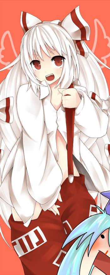 bad_id, blood, chibi, fujiwara_no_mokou, kamishirasawa_keine, long_hair, multiple_girls, nanairo_neru, nosebleed, red_eyes, suspenders, touhou, undressing, very_long_hair, white_hair