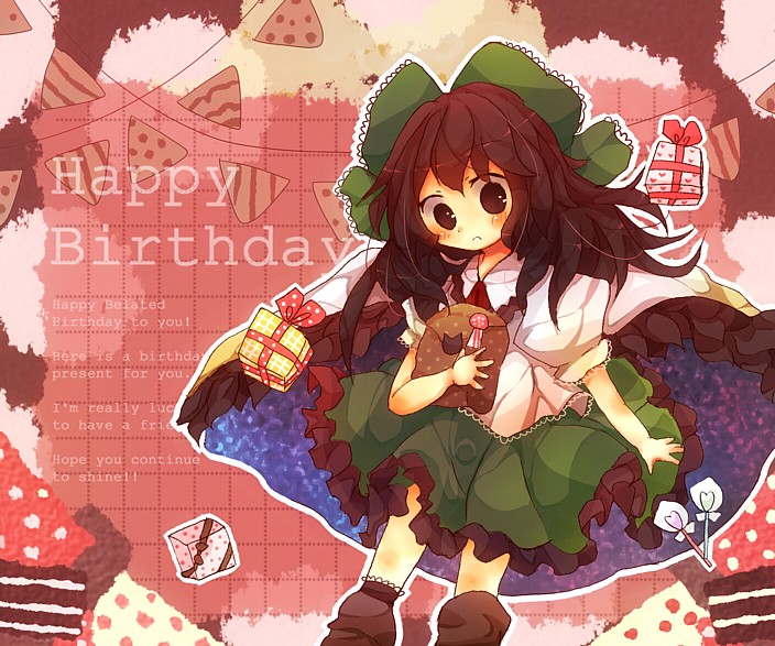 ascot, bag, birthday, black_hair, black_legwear, blush, bow, box, cake, candy, cape, cat, cookie, dotted_lines, dotted_outline, dress, food, frilled_dress, frills, gift, hair_bow, holding, holding_gift, long_hair, nanahamu, open_mouth, paper_bag, pastry, reiuji_utsuho, ribbon, solo, touhou, wings