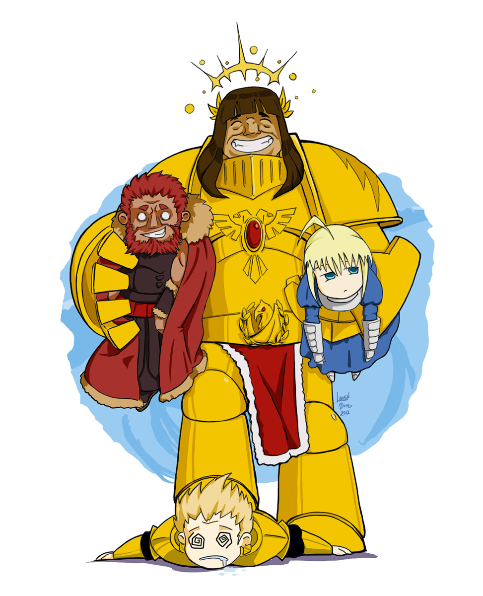@_@, ^_^, ahoge, armor, beard, blonde_hair, brown_hair, cape, carrying, carrying_under_arm, chibi, closed_eyes, crossover, curbstomp, dress, drooling, emperor_of_mankind, eyes_closed, facial_hair, fate/zero, fate_(series), gauntlets, gilgamesh, gold, grin, halo, highres, king, laren_door, laurels, long_hair, o_o, power_armor, red_hair, redhead, rider_(fate/zero), saber, signature, smile, standing_on_person, warhammer_40k