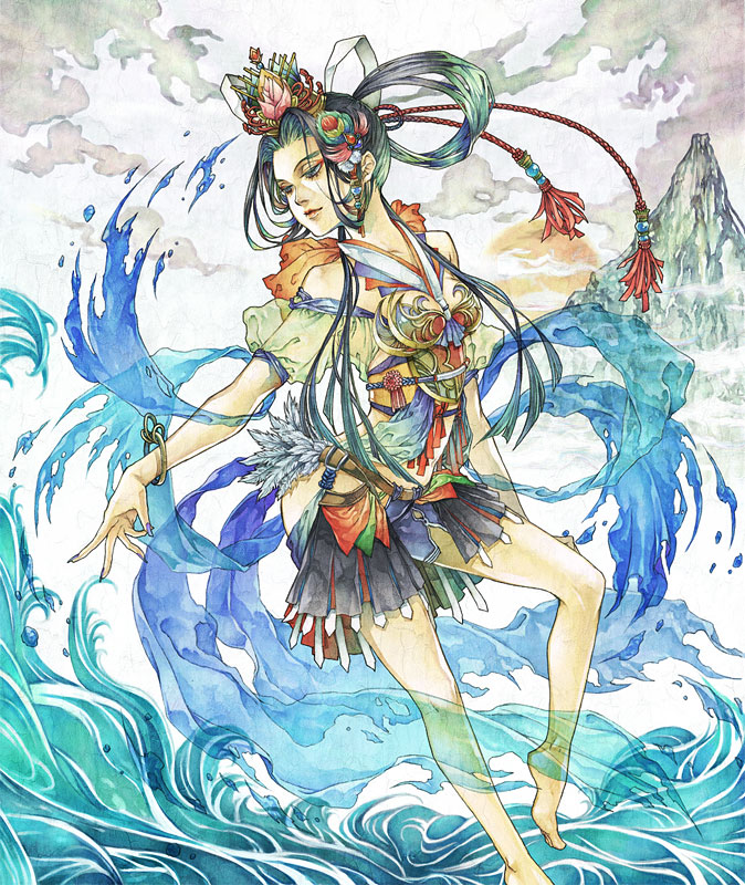 barefoot, black_hair, bracelet, breastplate, cloud, dancing, dress, feathers