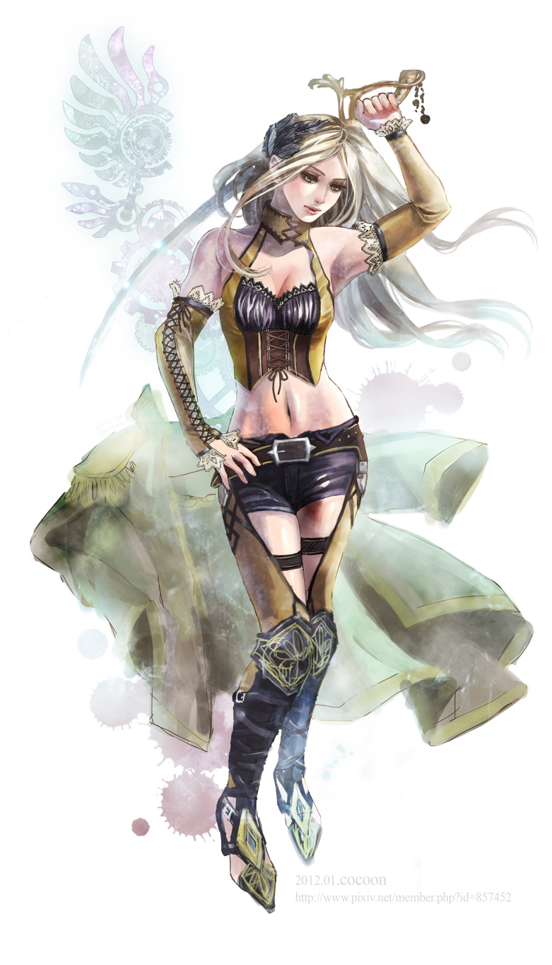 belt, blonde_hair, breasts, celes_chere, cleavage, coat, cocoon_(yuming4976), epaulettes, final_fantasy, final_fantasy_vi, highres, long_hair, midriff, short_shorts, shorts, solo, sword, weapon
