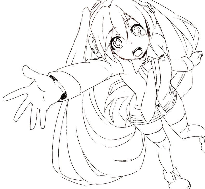 hand_outstretched, hatsune_miku, headphones, highres, ikeshita_moyuko, lineart, long_hair, monochrome, necktie, outstretched_arm, solo, twintails, very_long_hair, vocaloid