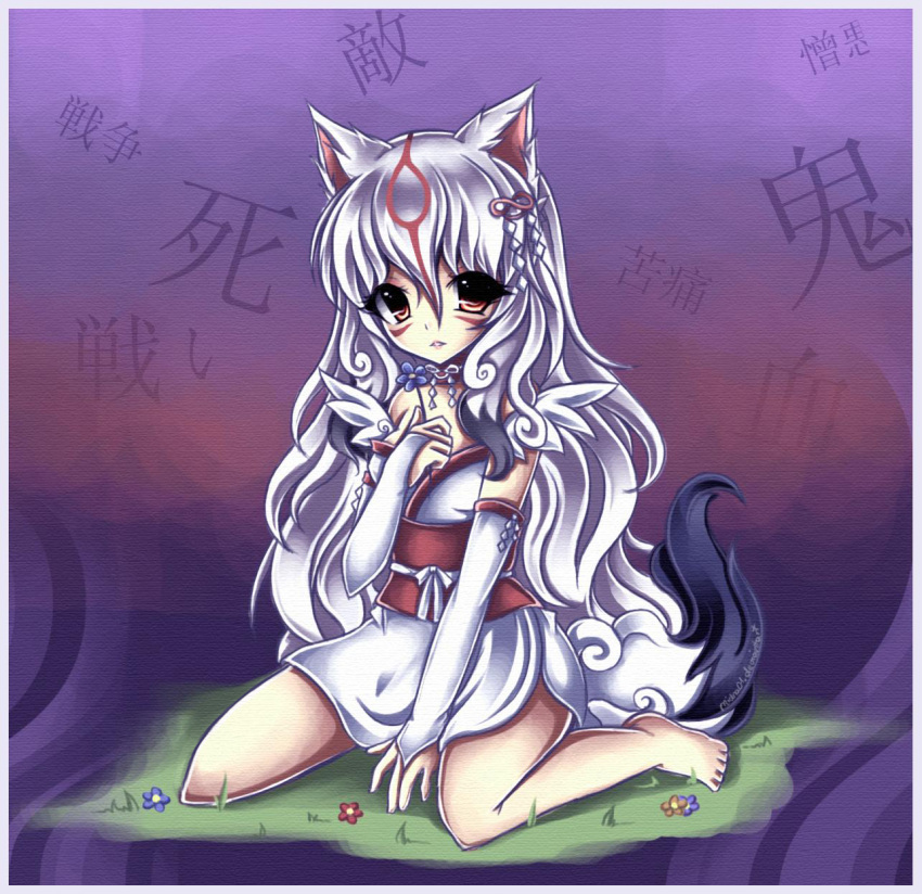 amaterasu, animal_ears, bare_shoulders, barefoot, breasts, elbow_gloves, facial_mark, flower
