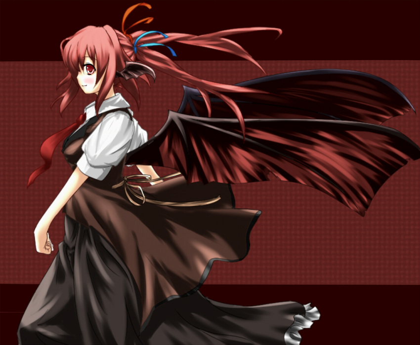 alternate_hairstyle, apron, bat_wings, blue_ribbon, blush, bow, breasts, dress_shirt, hair_bow, head_wings, koakuma, low_wings, necktie, profile, red_eyes, red_hair, red_ribbon, redhead, ribbon, shirokuro_yagi, shirt, short_sleeves, skirt, skirt_set, smile, solo, the_embodiment_of_scarlet_devil, touhou, vest, wings