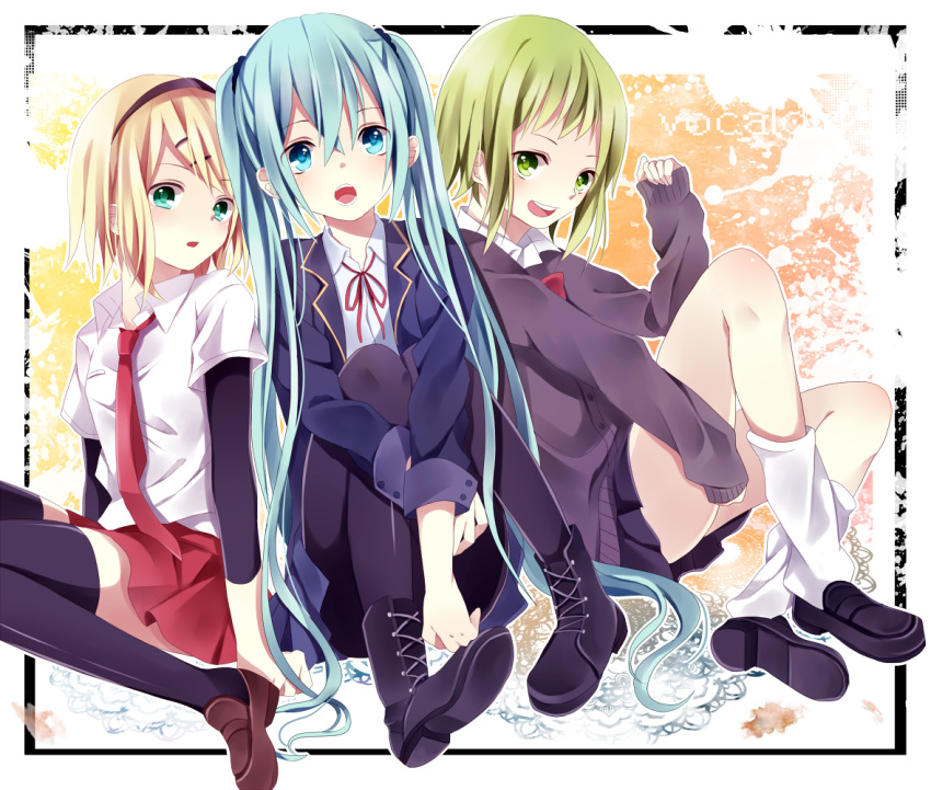 aqua_eyes, aqua_hair, blonde_hair, footwear, green_eyes, green_hair, gumi, hair_ornament