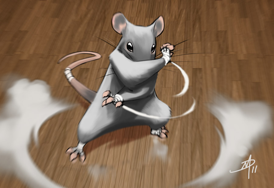 animal, bandage, bandages, daniel_macgregor, fighting_stance, fur, mouse, no_humans, original, smoke_ring, solo, tail, wooden_floor