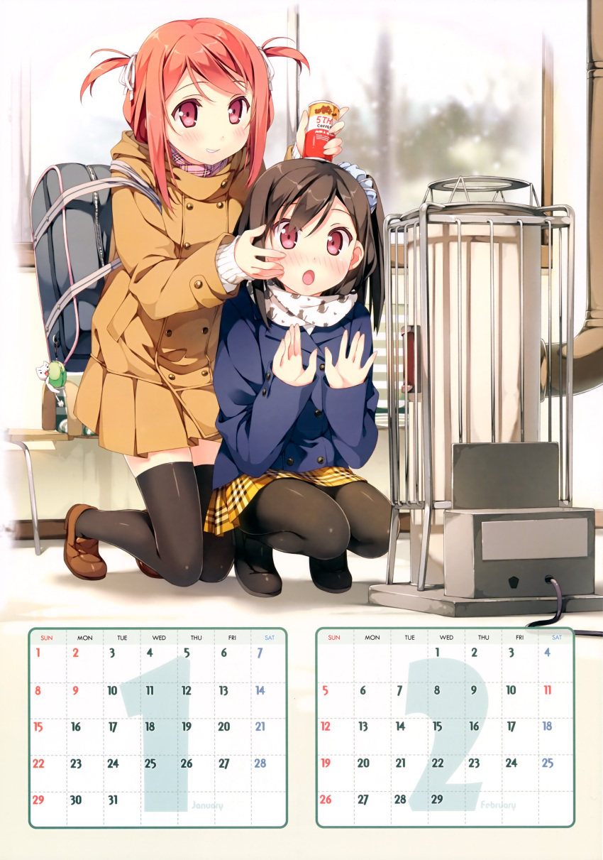 :o, absurdres, backpack, bag, black_hair, black_legwear, blush, calendar