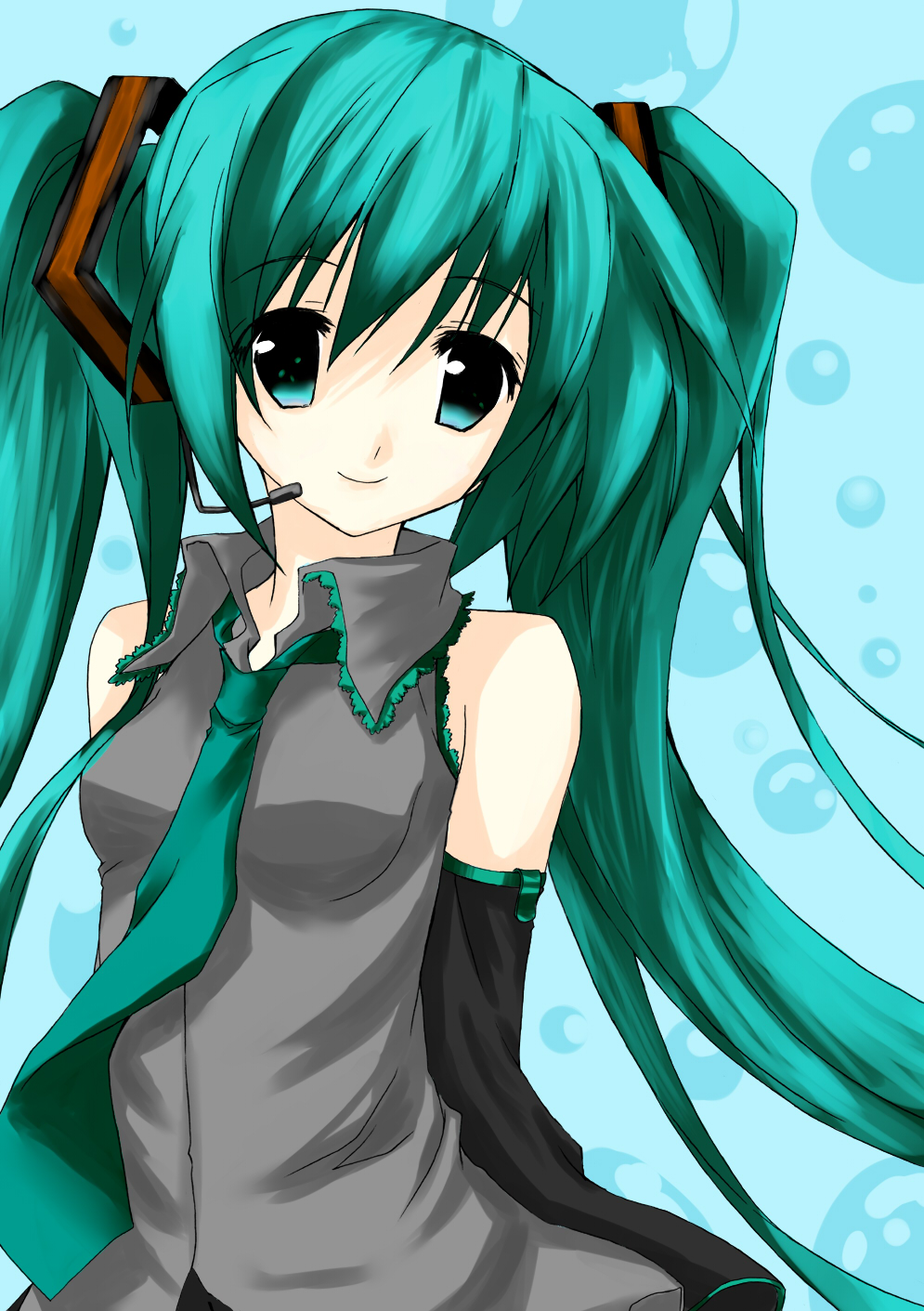 arms_behind_back, colored, detached_sleeves, green_eyes, green_hair, hatsune_miku, headset, highres