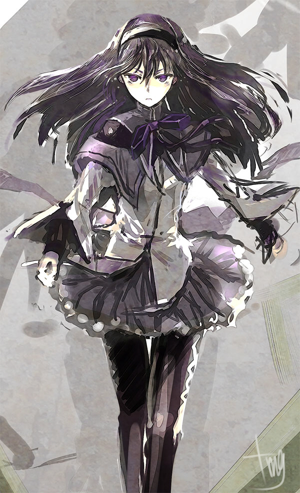 akemi_homura, argyle, argyle_legwear, black_hair, black_legwear, capelet, hairband, long_hair