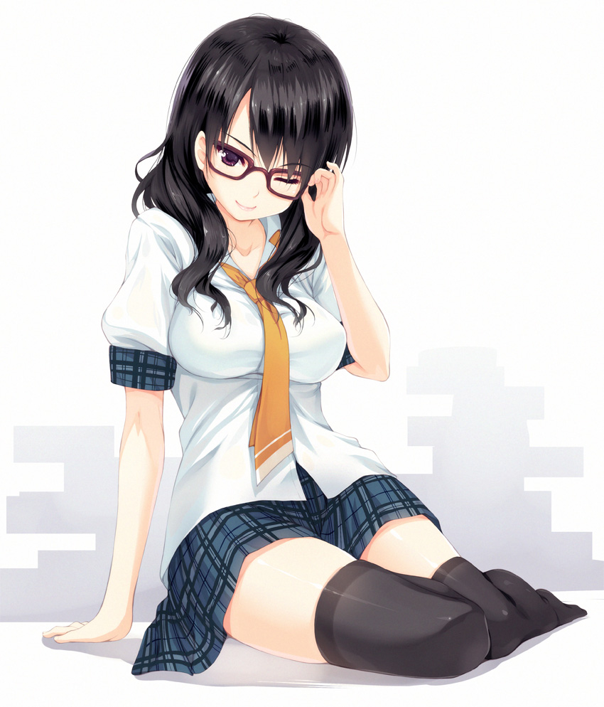 adjusting_glasses, arm_support, black_hair, black_legwear, breasts, glasses, large_breasts, long_hair