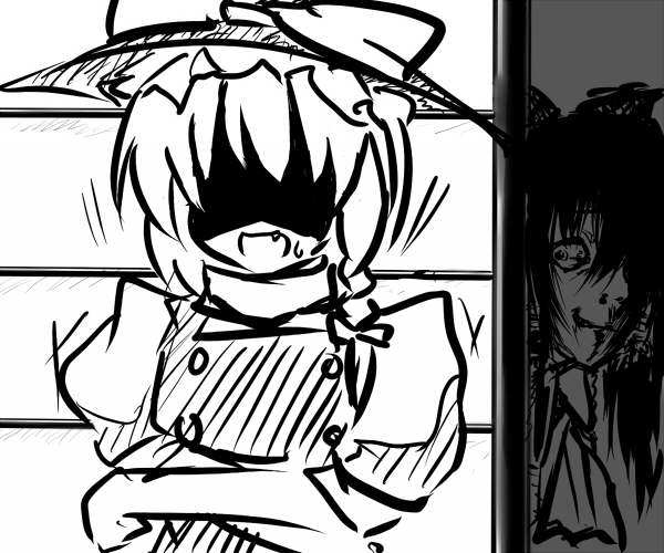 braid, caught, hakurei_reimu, hat, kirisame_marisa, monochrome, multiple_girls, shirokuro_yagi