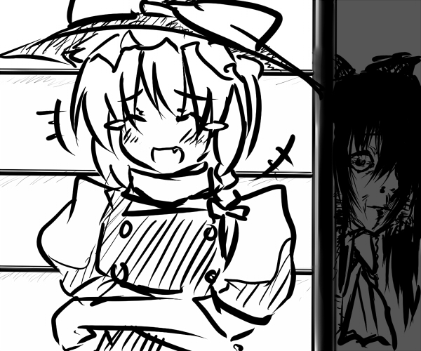 braid, hakurei_reimu, hat, kirisame_marisa, laughing, monochrome, multiple_girls, rape_face
