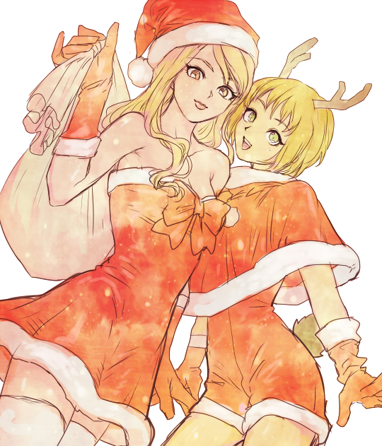 antlers, blonde_hair, brown_eyes, capelet, christmas, gloves, green_eyes, hat