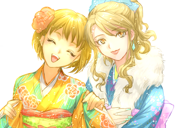 2girls, ^_^, blonde_hair, brown_eyes, closed_eyes, earrings, eyes_closed, floral_print