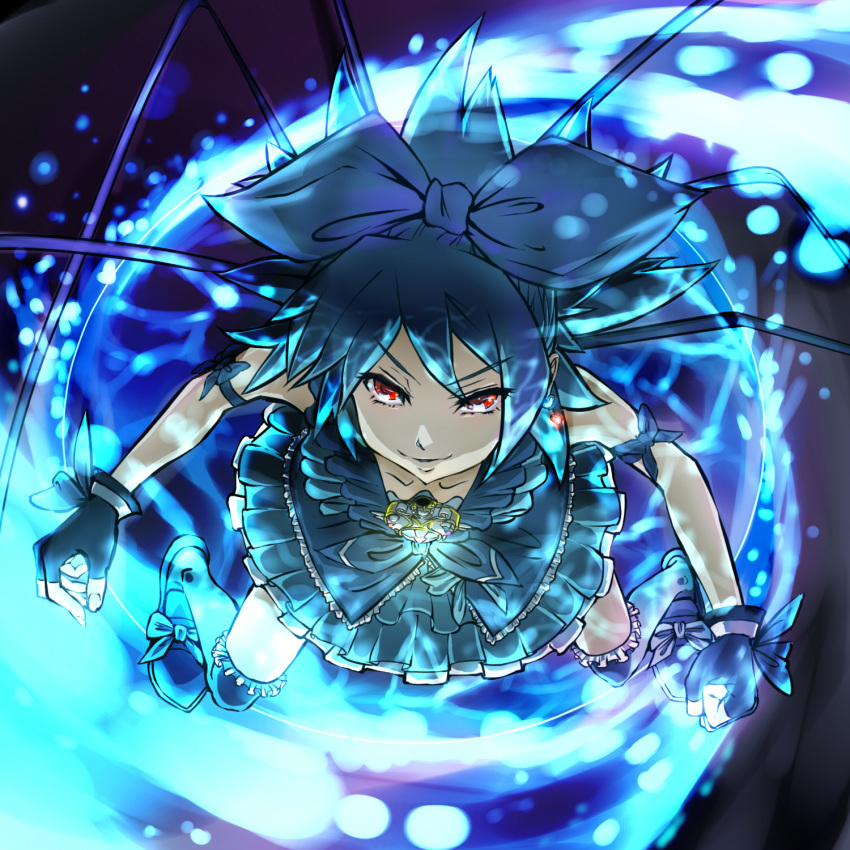 blue, blue_background, blue_hair, brooch, cure_beat_(fake), dress, fingerless_gloves, frills