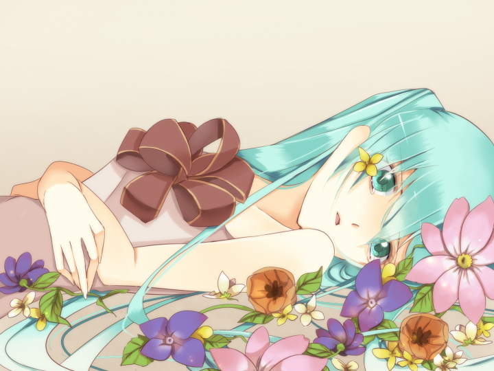 aqua_eyes, aqua_hair, bad_id, flower, hair_flower, hair_ornament, hatsune_miku, izusetsu