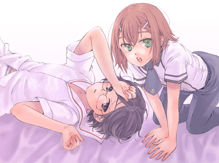 bad_id, baka_to_test_to_shoukanjuu, black_eyes, black_hair, brown_hair, crossover, glasses, green_eyes, hair_ornament, hairclip, kinoshita_hideyoshi, kuzumi_hiroshi, male, necktie, ookamikakushi, school_uniform, trap