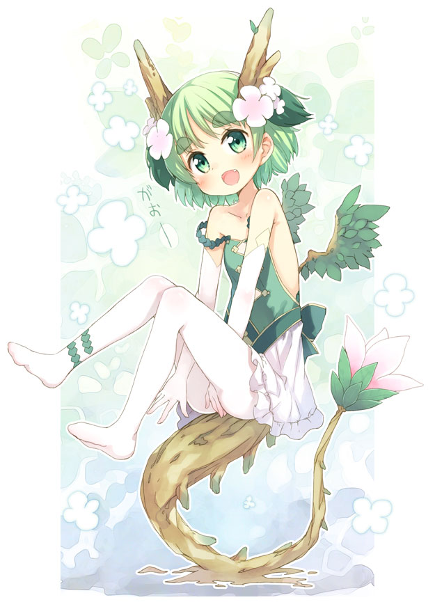 bare_shoulders, blush, child, dragon_girl, dragon_tail, dragon_wings, elbow_gloves, eyebrows, fang, flower, gao, gloves, green_eyes, green_hair, hair_ornament, horns, kinoko-san, kito, kito_(sorahate), looking_at_viewer, open_mouth, original, pantyhose, short_hair, solo, tail, thick_eyebrows, translated, white_legwear, wings