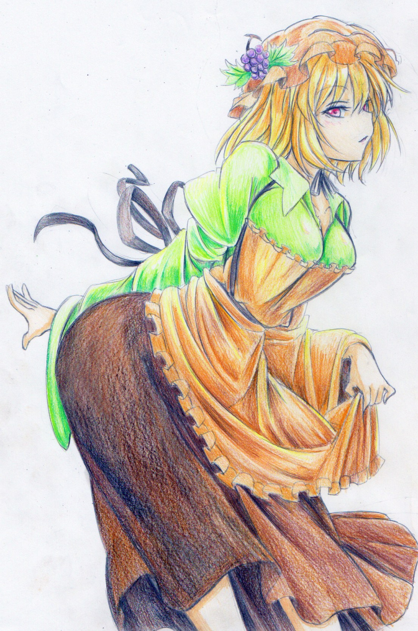 aki_minoriko, apron, apron_lift, blonde_hair, colored_pencil_(medium), food, fruit, grapes